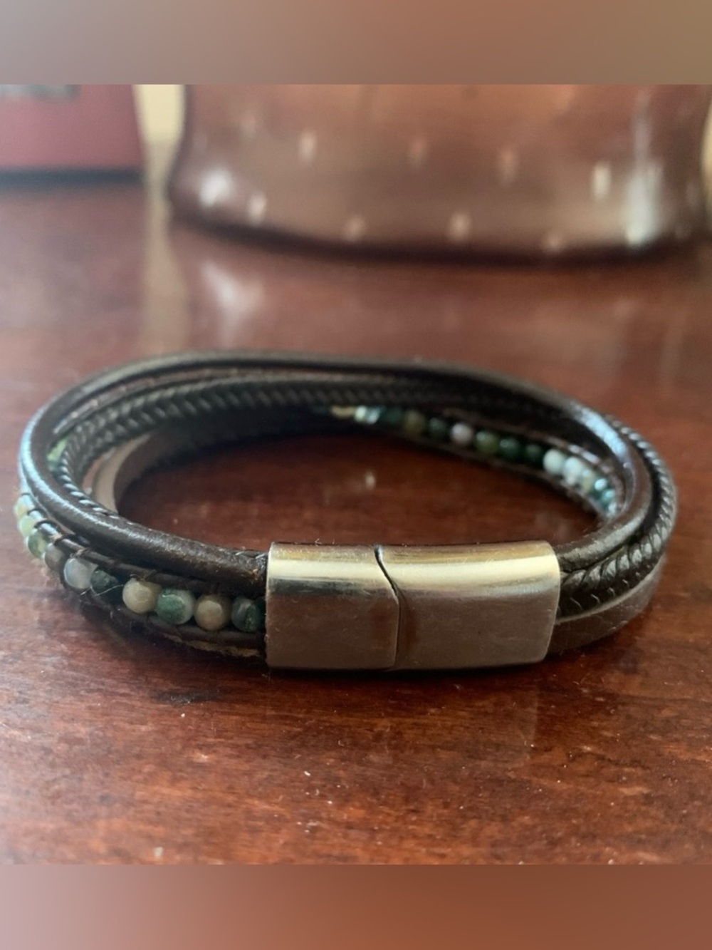 Men's Brown Leather Beaded Wrap Bracelet with Magnetic Clasp